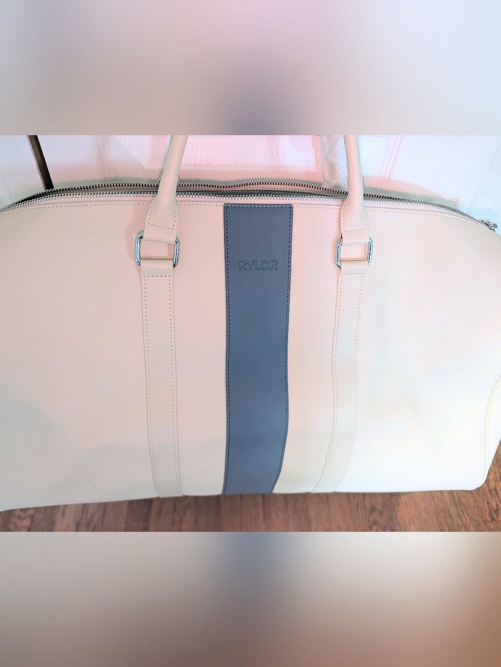 Brand New Rylor Ivory and Blue Striped Leather Travel Tote, Italian Leather